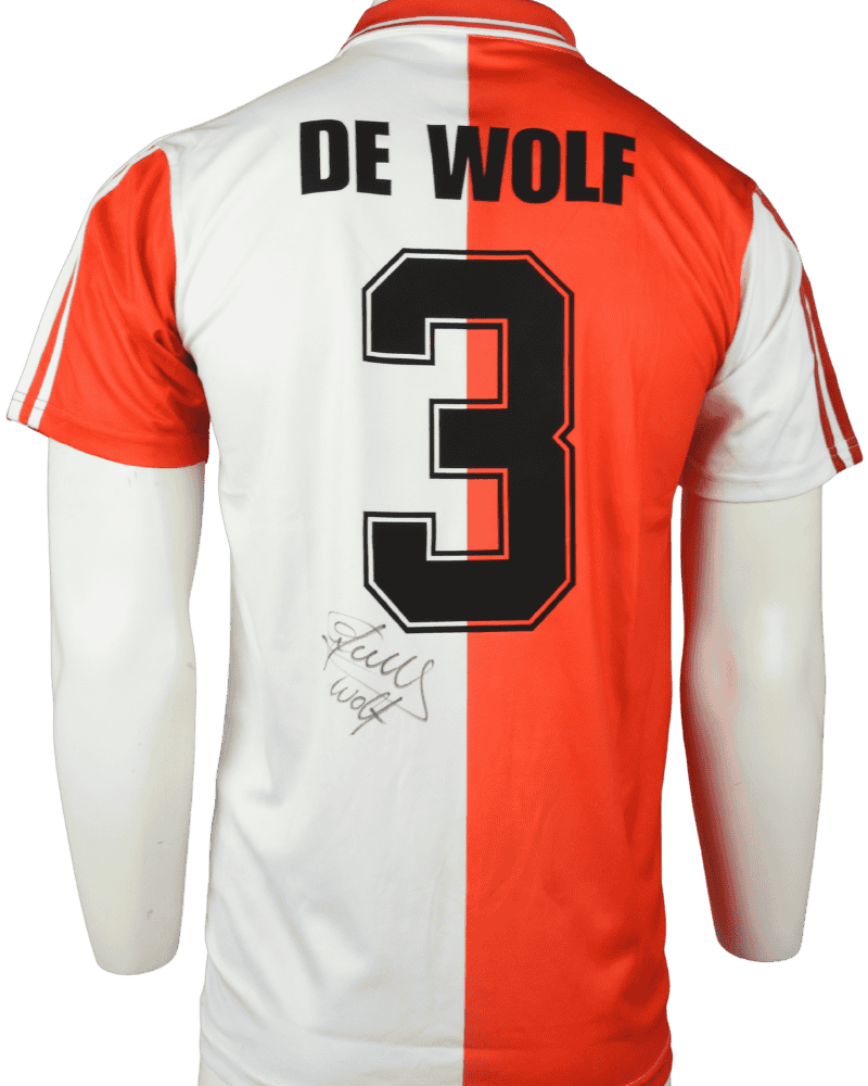 Feyenoord thuisshirt 94-95 Gesigneerd door John de Wolf (Incl. tekenfoto & tekenfilm) Maat - M