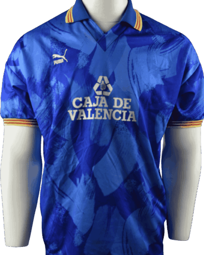Camiseta de visitante del Valencia (usada en partido) temporada 1990-1992, número 18 en la espalda, talla L.