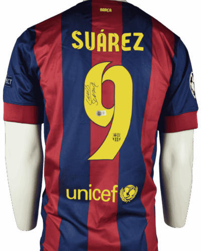 Jersey kandang Barcelona final Liga Champions 2015, ditandatangani oleh Luis Suárez (termasuk sertifikat) Ukuran - L