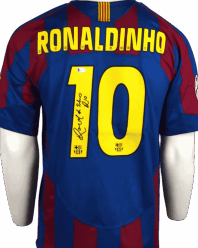 Jersey kandang Barcelona final Liga Champions 2006, ditandatangani oleh Ronaldinho (termasuk sertifikat) Ukuran - L