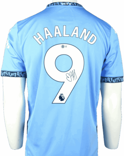 Jersey kandang Manchester City 2024-2025 bertanda tangan Erling Haaland (Termasuk sertifikat) Ukuran - L